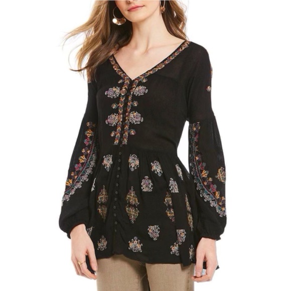 Free People Arianna Tunic Top Black Babydoll Embroidered Boho XS Gauzy Festival - Picture 16 of 16